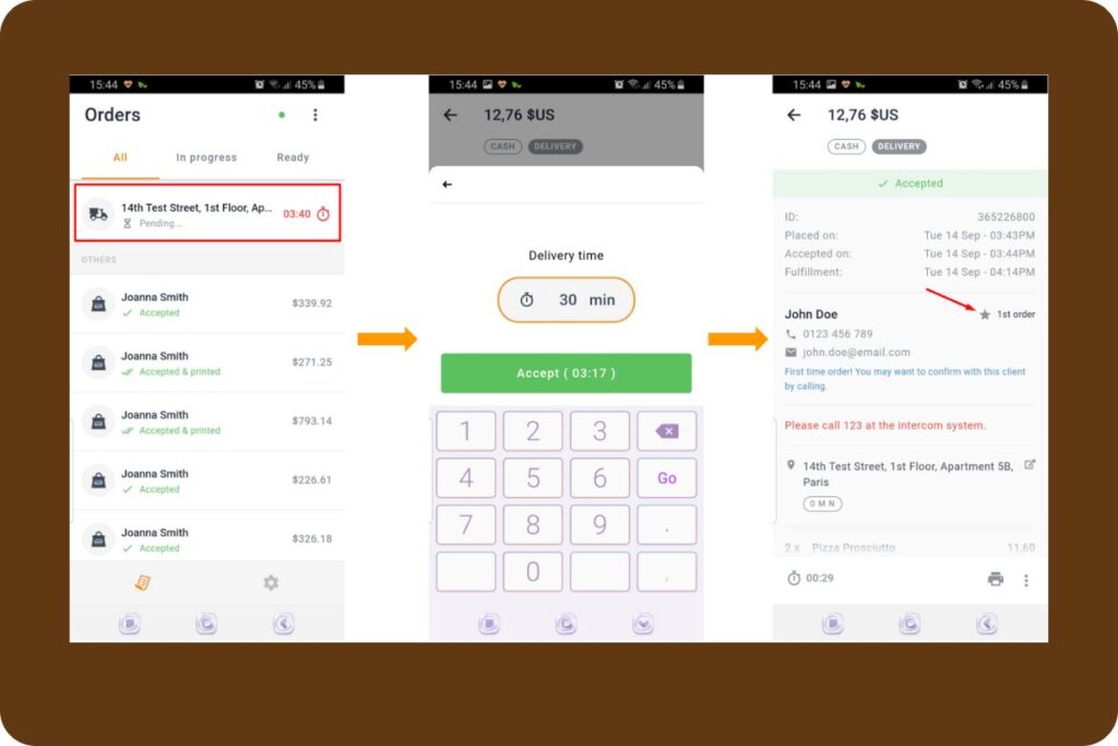 Process for the ordering taking app