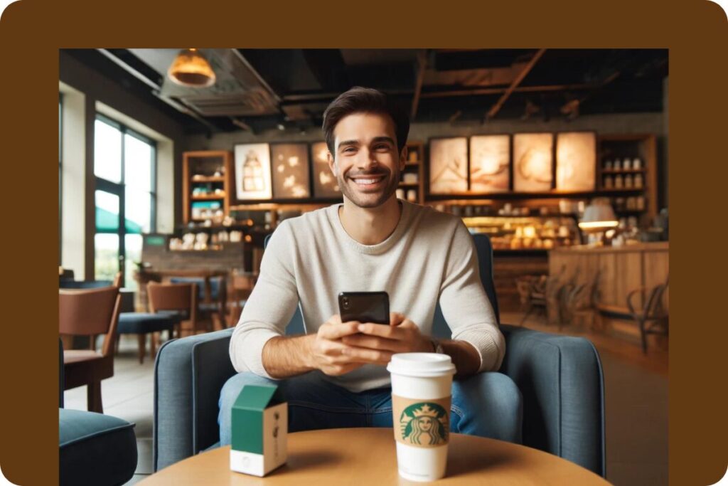 happy Starbucks customer with a phone, making an online order